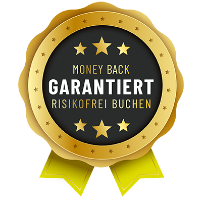 GarantieLABEL Ein goldenes Siegel mit fünf Sternen und dem Text "Money Back Garantiert Risikofrei Buchen" in deutscher Sprache.
